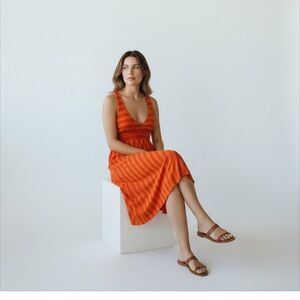 Anthropologie Ella Moss Crisscross Red Coral Red Striped Dress Size Small